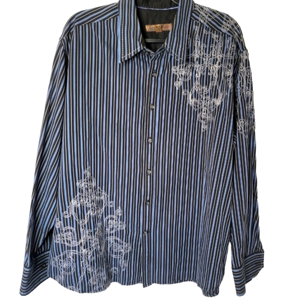 Blue Pronto Uomo Men Size XXL Black Blue Stripe Gaucho Western Embellished Shirt